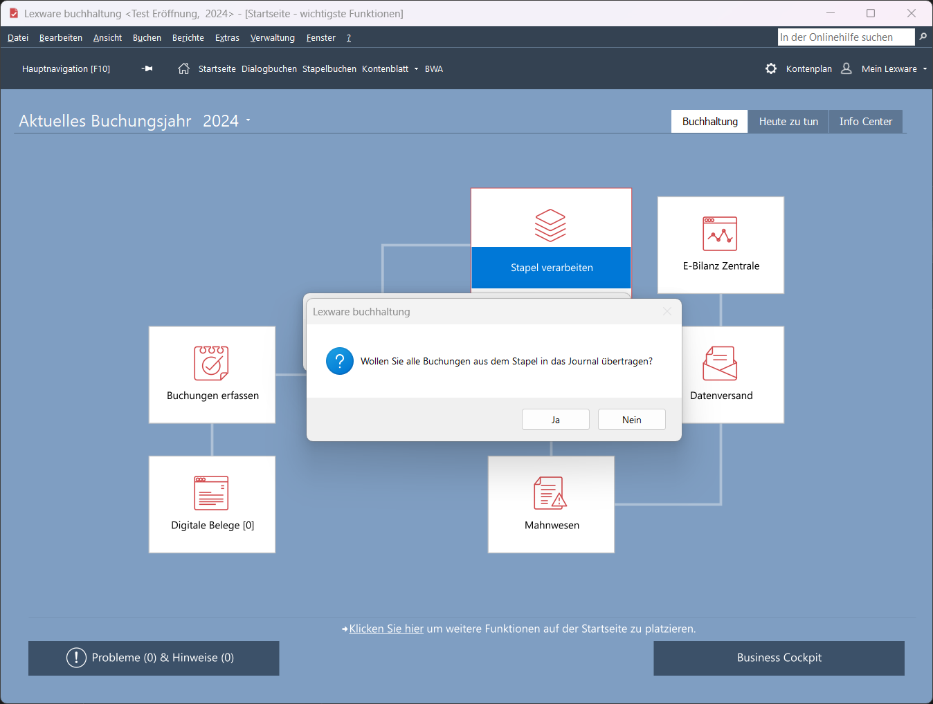 Lexware Buchhaltung Dialog mit der Aufforderung, alle Buchungen in das Journal zu übernehmen