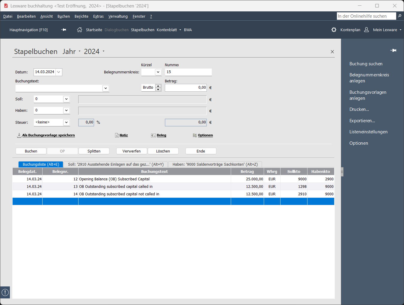Lexware Buchhaltung 2024 mit Eröffnungsbuchungen für eine GmbH, 12500€ teilweise eingefordert